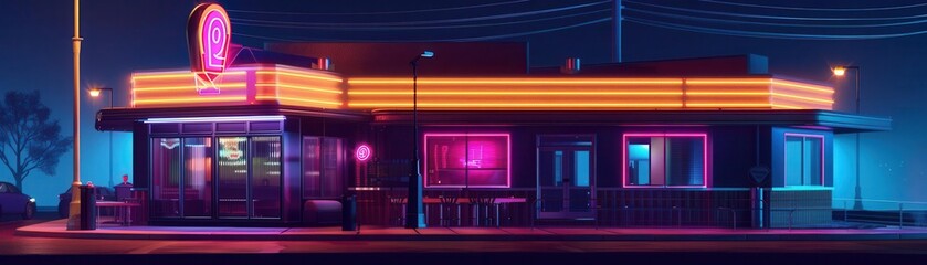 Fototapeta premium neon signs at night flat design front view roadside diner animation colored pastel