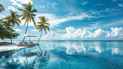 Obraz premium Breathtaking ocean views, a sparkling blue pool under a cloud-dotted sky. Escape to a tropical paradise in the Maldives, where you can unwind on comfortable chairs and loungers amidst palm trees.