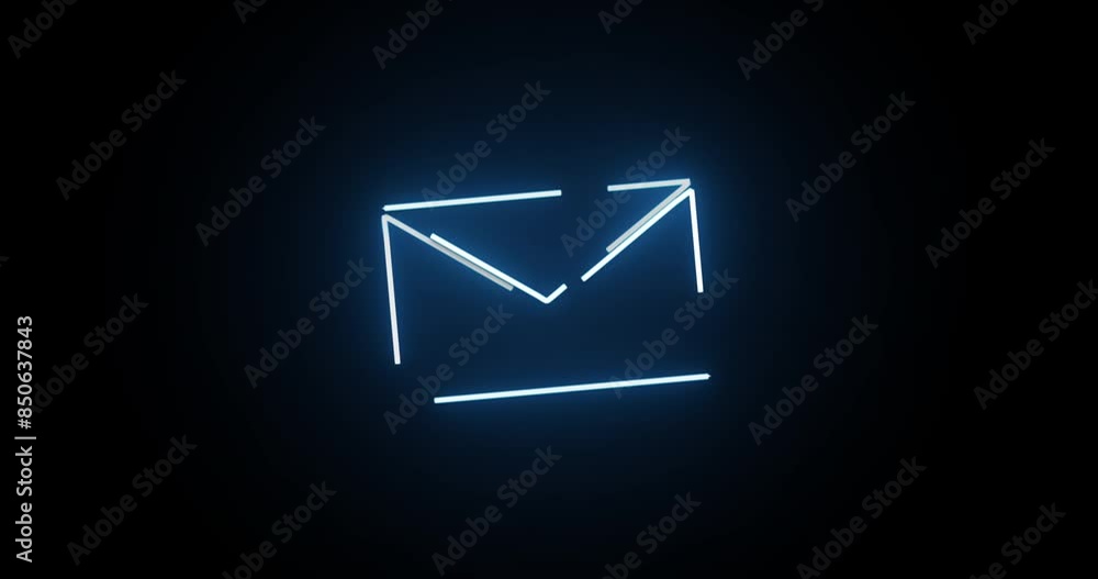 Poster Neon light, mail and icon with motion of line, animation or envelope on a black background. Abstract sign, letter or message with symbol, glow or design of outline, alert or notification for email