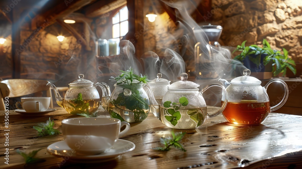 Poster a quaint dorned with an array of herbal teas like nettle and peppermint, each displayed in delicate,