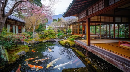 Obraz premium Serene Japanese garden with koi pond, traditional architecture, lush greenery, and blooming trees, offering a peaceful and tranquil environment.