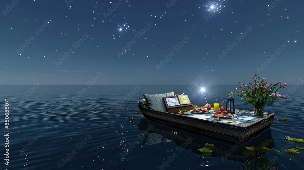 Poster a quaint picnic setup on a boat gently floating on a lake at night, equipped with a star chart and a