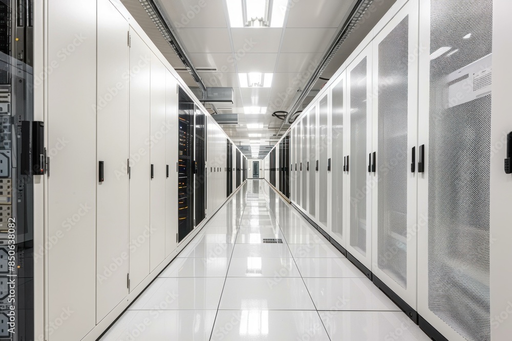 Poster perspective view of a clean and organized data center aisle with network server cabinets