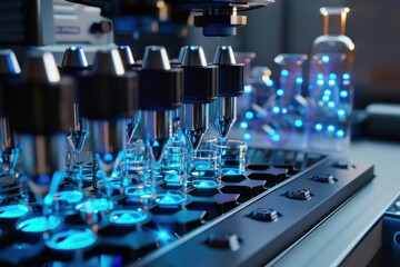 A closeup of a futuristic chemical analyzer identifying molecular compositions with instant results displayed holographically