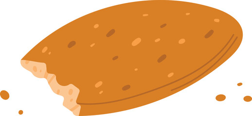 Halfeaten almond cookie crumbs isolated white background. Cartoon style digital art food illustration. Cracked sweet biscuit snack delicious treat