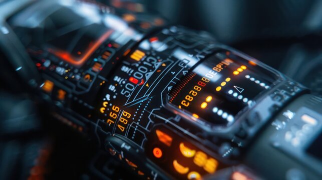 A closeup of a futuristic fitness tracker embedded in the skin, displaying realtime health and performance data