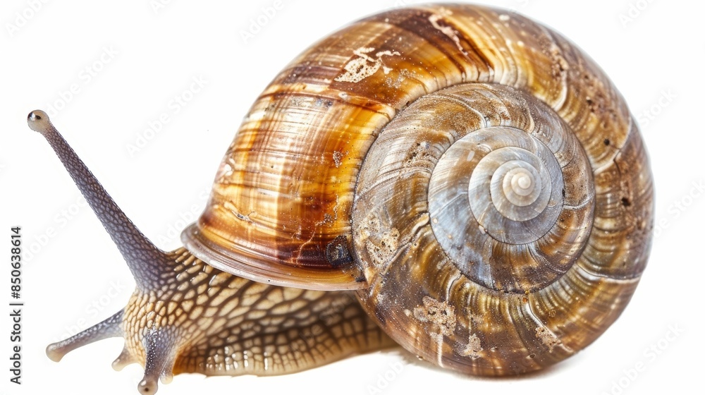 Poster close-up shot of a small snail crawling slowly on a white background with its shell, highlighting th