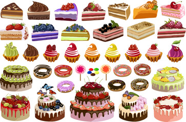 Big collection of sweet desserts.Cakes, pastries and sweets in a large vector set on a transparent background.