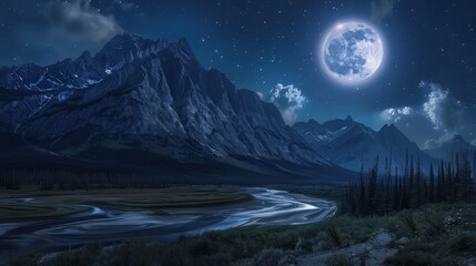 A dramatic landscape featuring towering mountains under a night sky, lit by a brilliant supermoon, casting silver reflections on a winding river below.