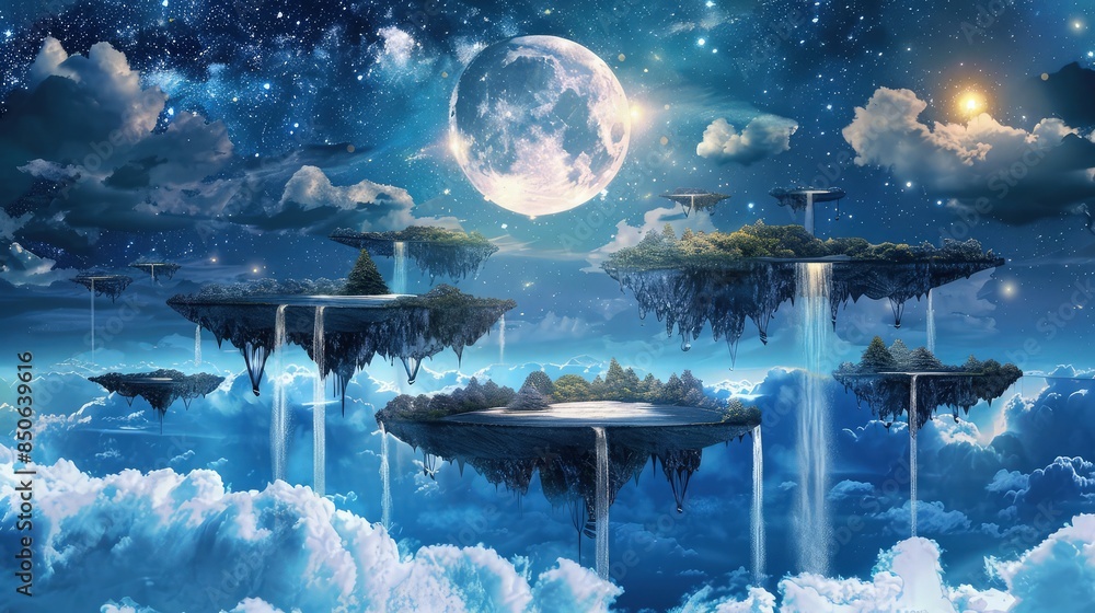 Poster a fantasy moon landscape with floating islands and waterfalls cascading into the void, under a star-