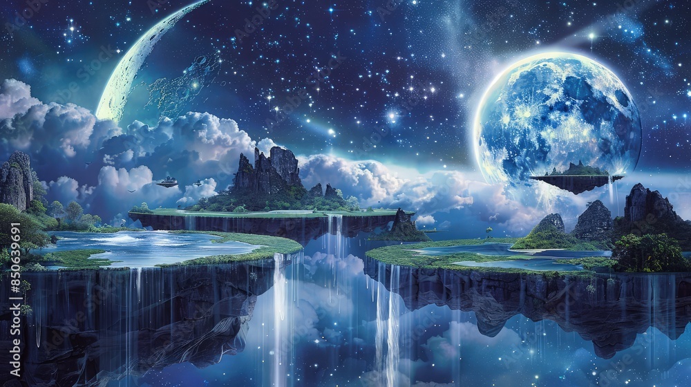 Poster a fantasy moon landscape with floating islands and waterfalls cascading into the void, under a star-
