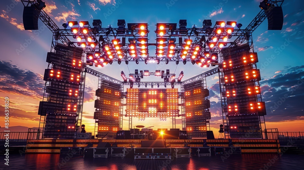 Poster a festival stage designed for maximum impact, featuring a complex array of led lights that illuminat