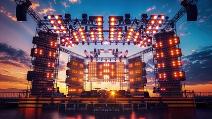 A festival stage designed for maximum impact, featuring a complex array of LED lights that illuminate the dusk sky, complemented by the latest sound technology for an unforgettable musical experience.