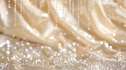 A festive and elegant Christmas background of sparkling champagne-colored glitter cascading over a backdrop of creamy satin, ideal for a luxurious holiday celebration.