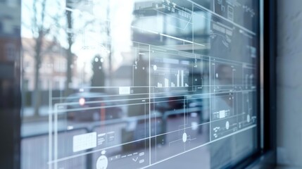 A closeup of a smart window with adjustable opacity and augmented reality overlays for realtime information