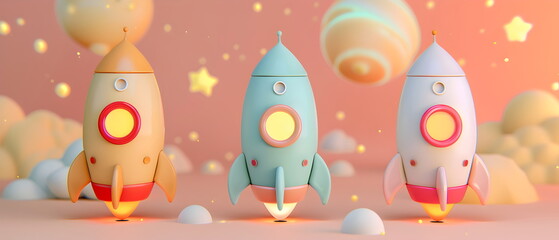 Naklejka premium 3D clay, Adorable clay a space rocket ,muted pastels, Blender 3d, stars with colorful UFO and cute , kawaii pets model, dolls decorations