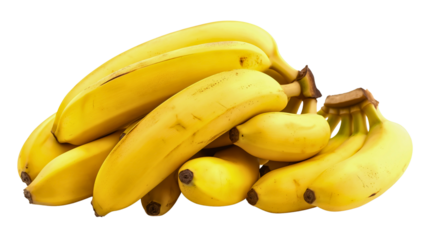 Pile stack of bunch or many bananas, exotic tropical yellow ripe summer fruit isolated on transparent background. 