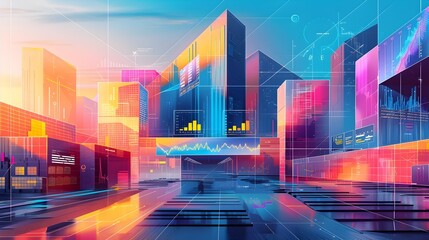 Fototapeta premium Dynamic Cityscape with Vibrant Infographic Dashboard Visualizing Economic and Investment Data