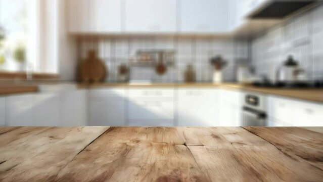 Wood table top on blur kitchen counter room background, for montage product display or design key visual layout, template