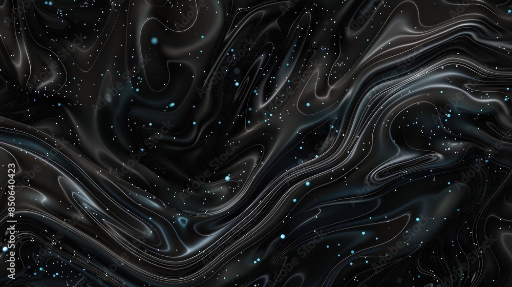 Poster a fluid black background with swirls of dark grey and tiny luminescent blue particles scattered thro