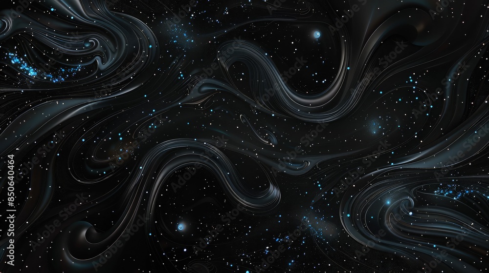 Poster a fluid black background with swirls of dark grey and tiny luminescent blue particles scattered thro