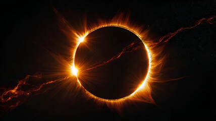 Abstract solar eclipse caused by a Lunar event with ring of fire on black background. Animated abstract view of a total solar eclipse.