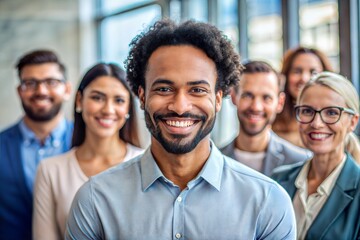 Obraz premium Diverse Leadership Team Member: Close-up of a team leader from a diverse background, smiling confidently, representing inclusivity in leadership. 
