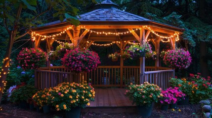 Illuminated wooden gazebo nestled in dark foliage with abundant colorful flower arrangements makes a perfect backdrop for night events.