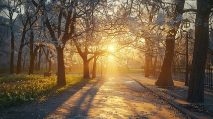 Fototapeta premium Bright morning sunlight streams through leafless trees lining a pathway, creating long shadows for seasonal or outdoor concept marketing.