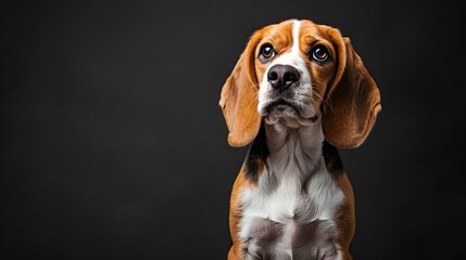 A beagle dog with a black background. The dog is looking up with a curious expression, showcasing its distinctive markings and floppy ears.