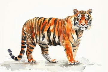 Obraz premium A fierce tiger painted in watercolor, displaying its striped coat and intense gaze on a white background