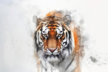 Obraz premium A fierce tiger painted in watercolor, displaying its striped coat and intense gaze on a white background