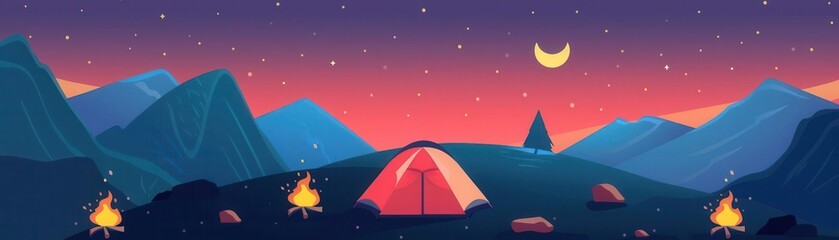 tent road trip flat design top view bonfire under stars cartoon drawing vivid