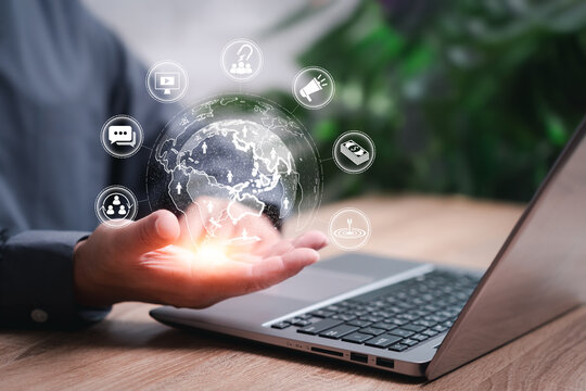 Digital marketing, Social media engagement, Working on social media to make money, Businessmen show global network online use laptops to create social media platforms to stimulate marketing