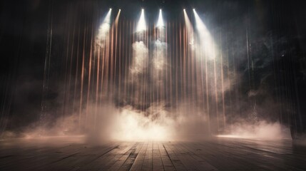 A thick curtain of fog creates a sense of mystery and anticipation around the defocused concert stage.