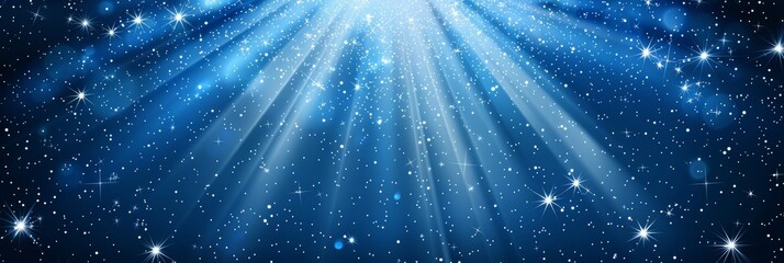 Ethereal blue light burst  abstract radiant rays on dark blue with cyan and golden sparkles
