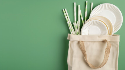 Eco-friendly paper cups, plates, and straws are arranged in a cotton bag on a green background. There is space for text, making it perfect for promoting street food takeout options.