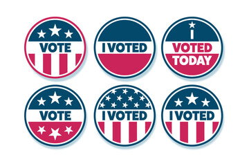 Set of voting stickers, badges, buttons. Vote, I voted today. American election vector elements, templates.