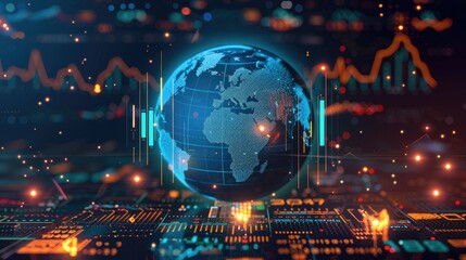Earth surrounded by financial symbols and data of world business and economics concepts, Global economy visualization