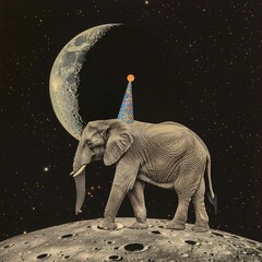an elephant walking on the moon wearing a party hat