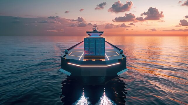 A futuristic container ship with autonomous navigation systems and AIdriven route optimization