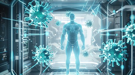 A high-tech medical scene with a male figure and surrounding virus cells rendered in neon blue and white, set against a clinical, metallic background to reflect advanced medical technology.