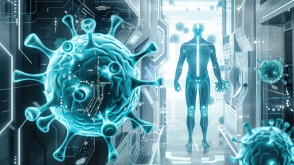 Naklejka premium A high-tech medical scene with a male figure and surrounding virus cells rendered in neon blue and white, set against a clinical, metallic background to reflect advanced medical technology.