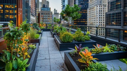Fototapeta premium Modern rooftop terrace features linear planters filled with lush greenery and a gray tiled walkway, providing a functional urban retreat set against the dense commercial.