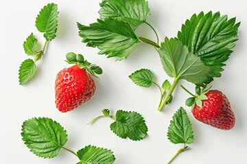 Strawberry with leaves. Isolated on white background. 