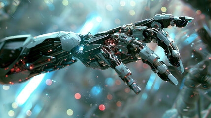 A robotic hand is shown in a futuristic setting. Concept of advanced technology and a futuristic world