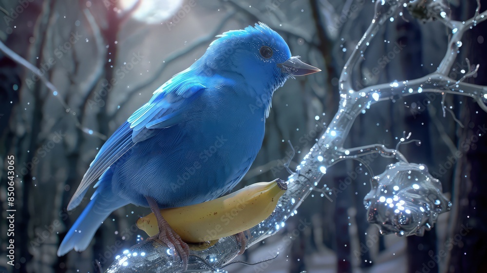 Poster a luminescent blue bird, almost ethereal, perched on a silver tree that twinkles under the moonlight
