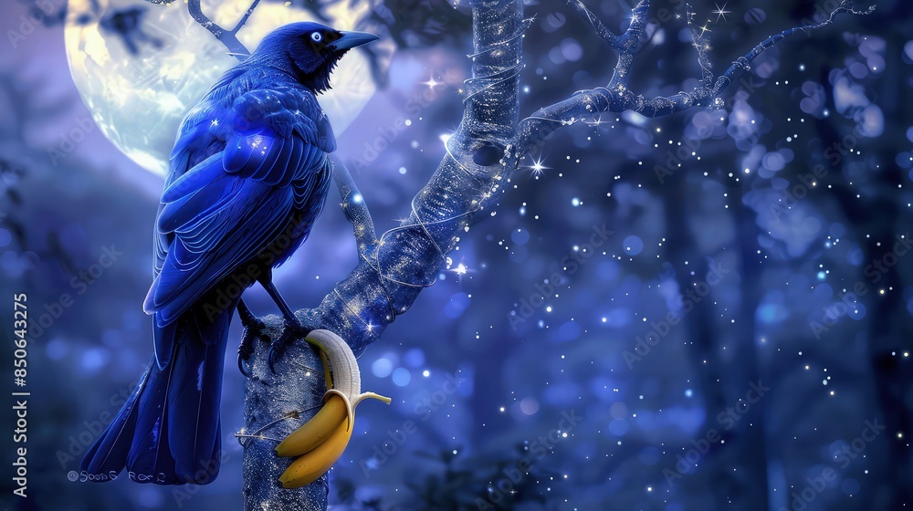 Poster a luminescent indigo bird, almost ethereal, perched on a silver tree that twinkles under the moonlig