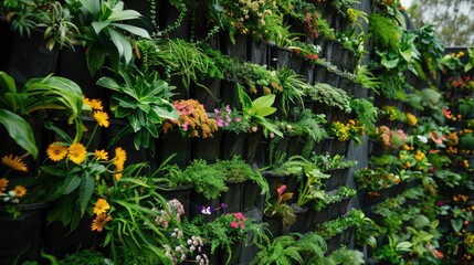 Living wall system with a diverse collection of potted plants offers a creative solution for office biophilia and modern environmental branding projects.