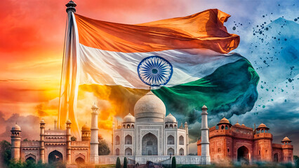 India's flag waving against a vibrant sunset. Ta Mahal, Gateway of India, and Red Fort artfully arranged in the foreground, symbolizing  unity and heritage. India Independence day, Republic day 